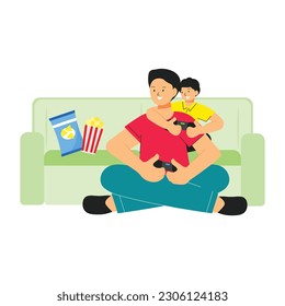 father and son playing console games. happy family spending their free time by playing video games. flat vector illustration fathers day concept