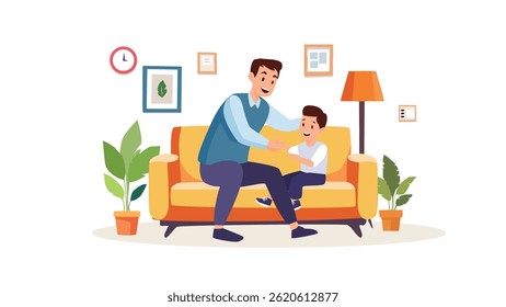 Pai e Filho Brincando na Sala de Estar Acolhedora - Ilustração do Tempo da Família