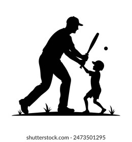 father and son playing crikect on the failed black silhouette illustration