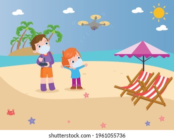 Father and son playing with a drone cartoon 2d vector concept for banner, website, illustration, landing page, flyer, etc.