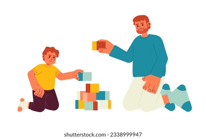Father and son playing flat vector spot illustration. Toddler boy building pyramid with dad 2D cartoon characters on white for web UI design. Parent child isolated editable creative hero image
