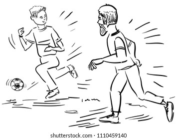 father and son playing football