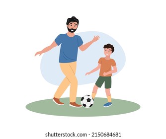 Padre e hijo jugando fútbol. Papá, chico y fútbol pelota en el pasto. Actividades al aire libre de verano en familia. Día del padre. Ilustración vectorial plana.