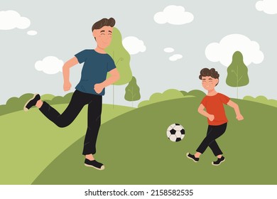 Father and son playing football, family time, parenting and childhood. Cute vector illustration in a flat cartoon style. Father's day concept.