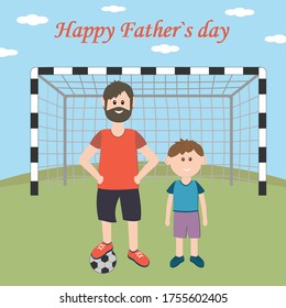 father and son playing football, father's day card, color vector illustration in flat style, design, gift, decoration