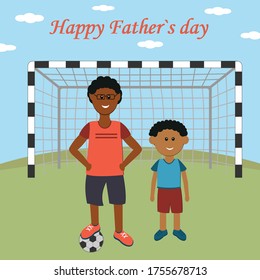 father and son playing football, father's day card, color vector illustration in flat style, design, gift, decoration