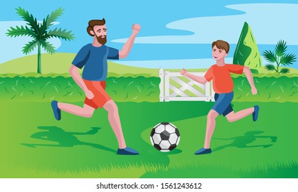 father and son playing football in garden vector illustration