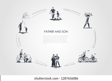 Father and son - father and son playing football, riding bicycles, kiting, playing on nature and at home vector concept set. Hand drawn sketch isolated illustration