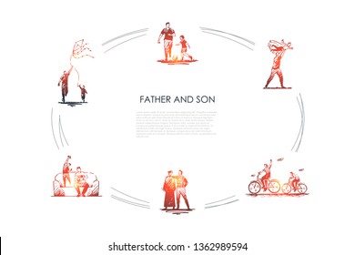 Father and son - father and son playing football, riding bicycles, kiting, playing on nature and at home vector concept set. Hand drawn sketch isolated illustration