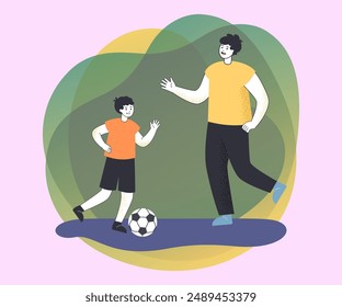 Father and son playing football. Young man spending weekend with child flat vector illustration. Active lifestyle, outdoor activities, family, parenthood concept