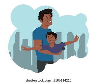 father and son playing happy, happy fathers day card. Vector illustration.