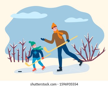Father and son playing hockey on rink outdoor. Winter season in park with dad and little boy playing on ice. Man and child wearing casual clothes with hat and mittens holding stick and skating vector