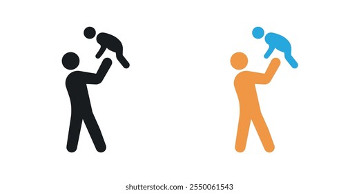 Father and son playing icon set in black and colored version