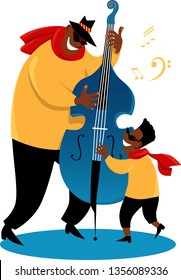 Father and son playing a jazz contrabass, EPS 8 vector illustration