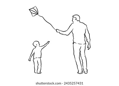 Father and son playing kate together silhouette vector illustration