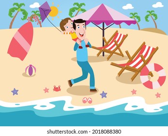 Father and son playing with kite at beach 2d cartoon vector concept for banner, website, illustration, landing page, flyer, etc.