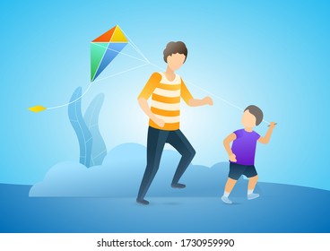 Father and son playing kite outside. Child running with kite. Daddy and his son together walking in park. Vector flat illustration concept on blue background.