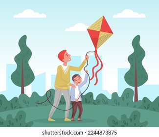 Father and son playing kite in park. Parents and kid having good time outdoors cartoon vector