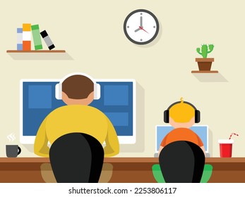 Father and son playing on the computers. Vector graphics
