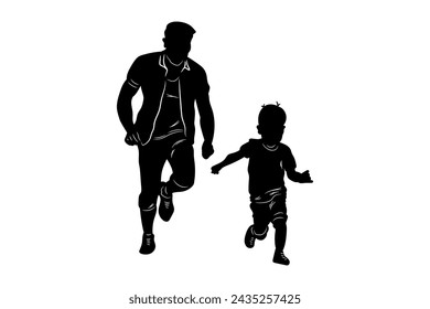 Father and son playing outside together hand drawn silhouette vector illustration