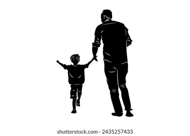 Father and son playing outside together hand drawn silhouette vector illustration