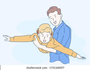 Father and son playing in the park at the day time. Concept of friendly family. Hand drawn in thin line style, vector illustrations.