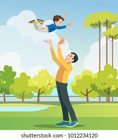 Father and son playing in the park. People having fun on the field. Concept of friendly family and of summer vacation. Vector illustration