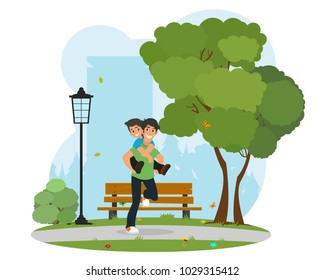 father and son playing in the park. vector illustration