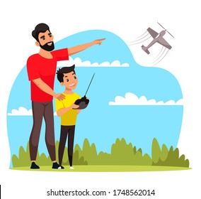 Father and son playing with radio controlled toy airplane in park. Daddy and child flying plane in sky. Parent and kid activity outdoor on nature. Summer fun. Happy vacation and childhood. Vector