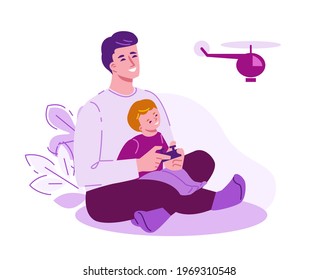 Father and son are playing with a radio-controlled helicopter. Happy family .Vector illustration in flat cartoon style. Isolated on a white background.