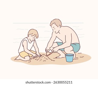 Father and son Playing in the Sand at the Beach. Hand drawn style vector design illustrations.