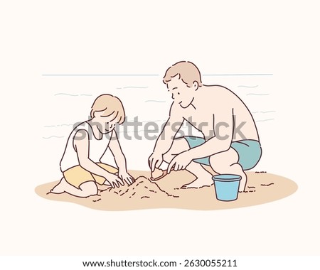 Father and son Playing in the Sand at the Beach. Hand drawn style vector design illustrations.