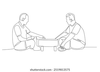 Father and son playing shogi. Families in japan concept one-line drawing