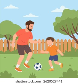 Father with son playing soccer in the backyard. Family time. Flat vector illustration