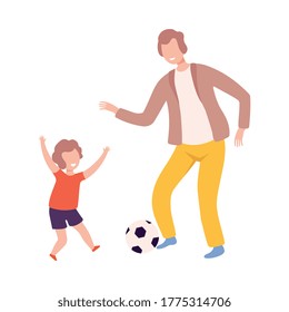 Father and Son Playing Soccer with Ball, Dad and Kid Doing Sports Together Flat Style Vector Illustration