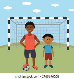 father and son playing soccer, color vector illustration in flat style, Design, gift, banner, decoration