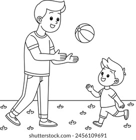 The father and son are playing soccer coloring page. Father day vector illustration 