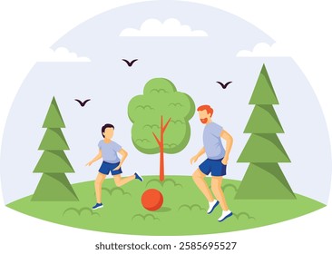 father son playing soccer concept, Dad and Boy play the Friendly football Match vector design, Love romance banner, Dadys Valentines Day Scene, human relationship stock illustration