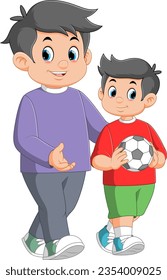 with father and son playing soccer of illustration