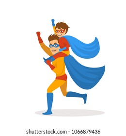 father and son playing superheroes dressed in costumes running together, boy sitting on dads back shoulders , funnny fathers day isolated vector illustration scene