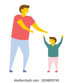 Father and son playing together, having fun, flat vector icon 