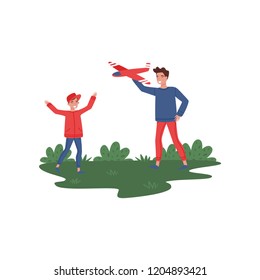 Father and son playing with toy plane at park. Outdoor recreation. Fatherhood theme. Flat vector design