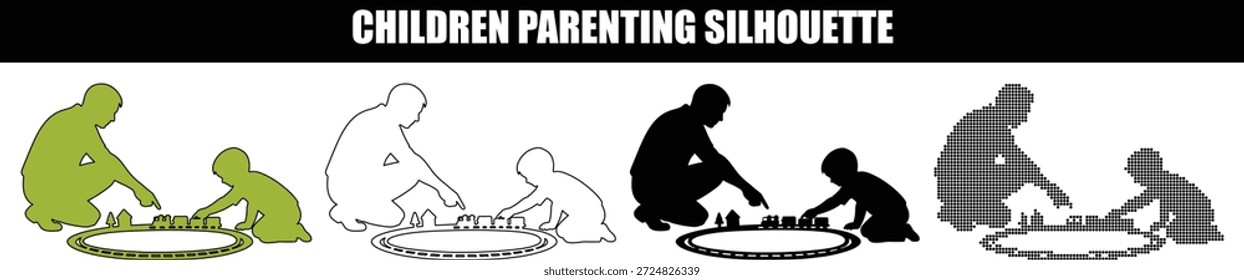 Pai e filho brincando com um trem de brinquedo no chão, ícones de silhueta em quatro estilos distintos, incluindo esboço e arte de pixel para temas da infância.