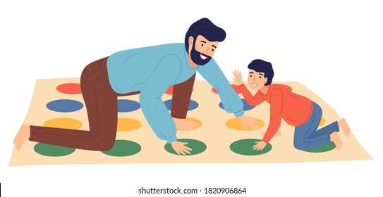 Father and son playing twister at floor, people spend time together, parent and kid playing indoor game. Cartoon isolated characters in flat style. Happy dad and son, home activity, people have fun