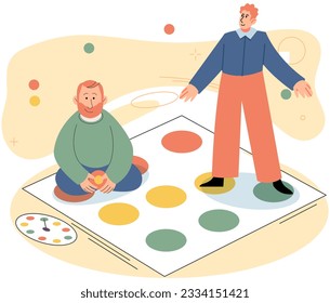 Father and son playing twister at floor, people spend time together, parent and kid playing indoor game. Happy dad and son, home activity, people have fun. Friends company joyful time inside