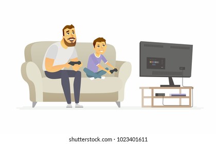 Father and son playing video games - cartoon people characters illustration isolated on white background. Young handsome man and his kid sitting on a sofa, having a good time, smiling