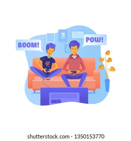 Father with son playing video games illustration. Dad and child spending time together. Friends having online battle. Brothers holding joysticks clipart. Leisure time, pastime. Siblings characters