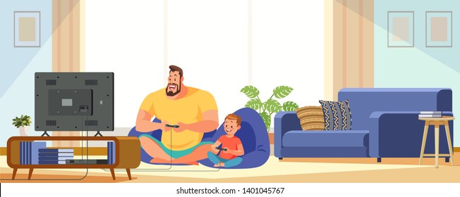 Father And Son Playing Video Games On A Game Console In Cozy Home. Vector Illustration Of A Modern Flat Cartoon Design 