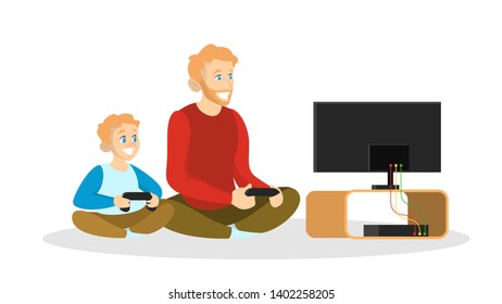 Father and son playing video games. Dad and child spend time together. Home leisure and entertainment. Man and boy sitting at the TV. Isolated vector illustration in cartoon style