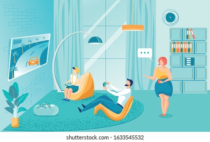 Father and Son Playing Video Games Together, Mother Watching Flat Cartoon Vector Illustration. Parent and Child Sitting on Chairs. Family Entertainment. Characters Holding Joysticks.